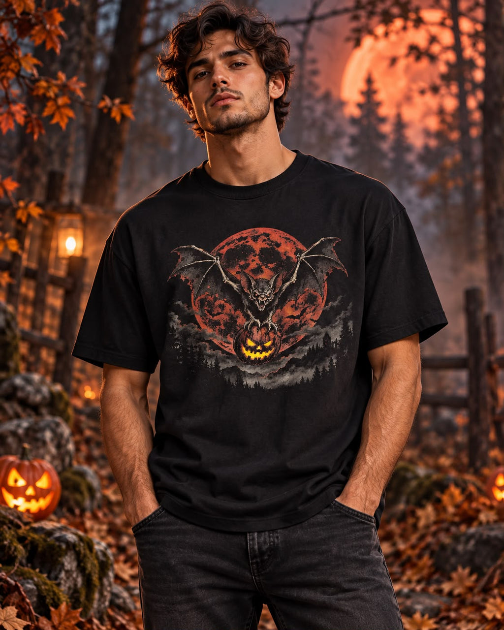 BLOOD MOON BAT – Halloween T-Shirt mit Fledermaus & Kürbis | Jopanke